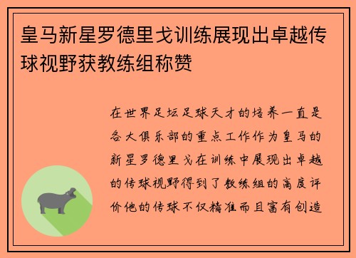 皇马新星罗德里戈训练展现出卓越传球视野获教练组称赞 皇马新星罗德里戈训练展现出卓越传球视野获教练组称赞